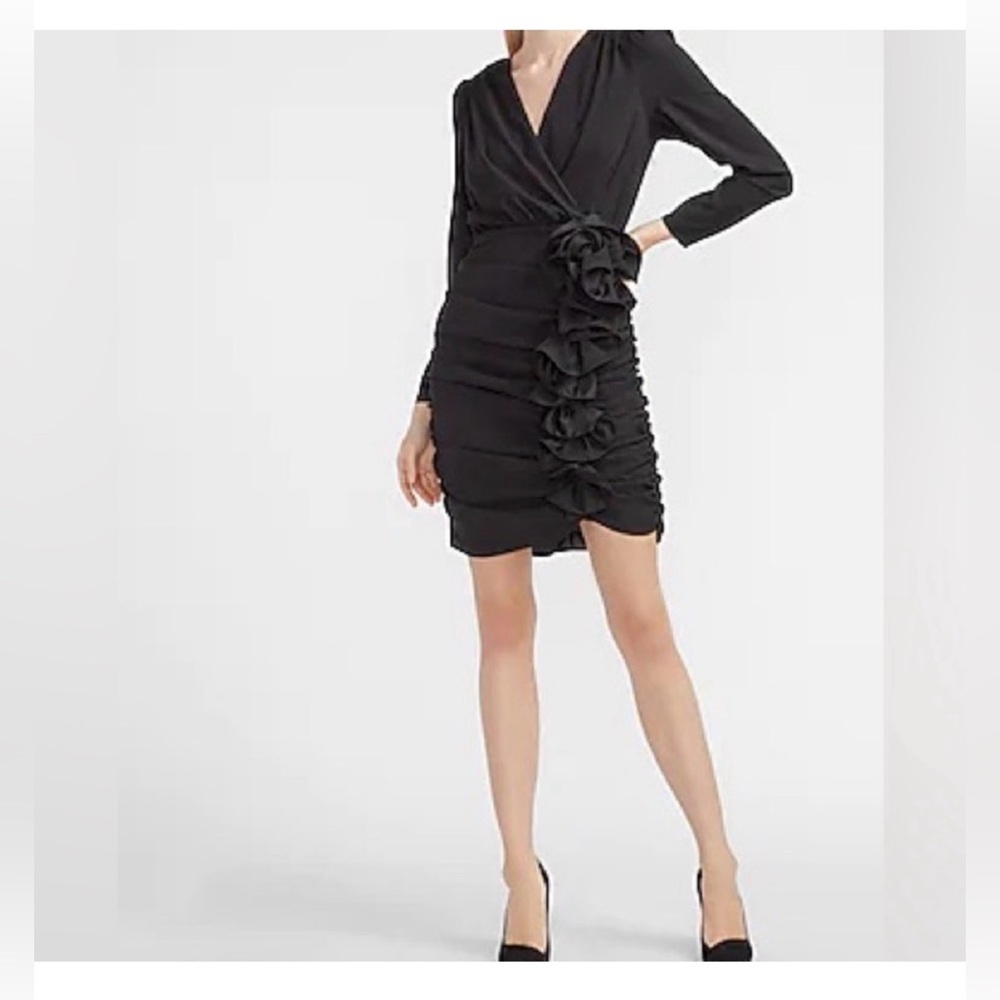 Express Black Long-Sleeve Ruched Wrap Mini Dress with Floral Ruffle